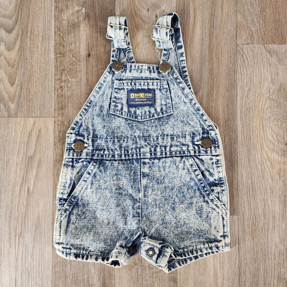 Vintage OshKosh BGosh‎ Baby 3/6 M Acid Wash Denim Overalls Shorts Made in USA - Picture 1 of 8